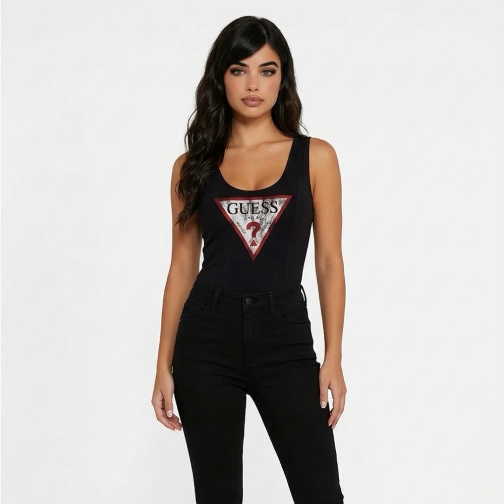 Vintage GUESS Triangle Logo Bodysuit Black | Size M